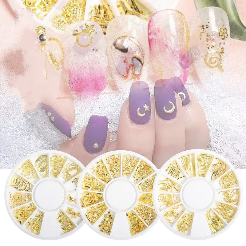 Hohl geformte Nagel kunst kleine runde Box Metall nieten Nail Art Dekorationen Gold 3d Stern Mond Nägel Charms Zubehör DIY Lieferungen