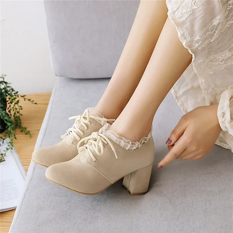 

YQBTDL 2025 Autumn Sweet Princess Ruffle Lace Up Square Block High Heels Pumps Pink Black Beige Suede Party Women Shoes