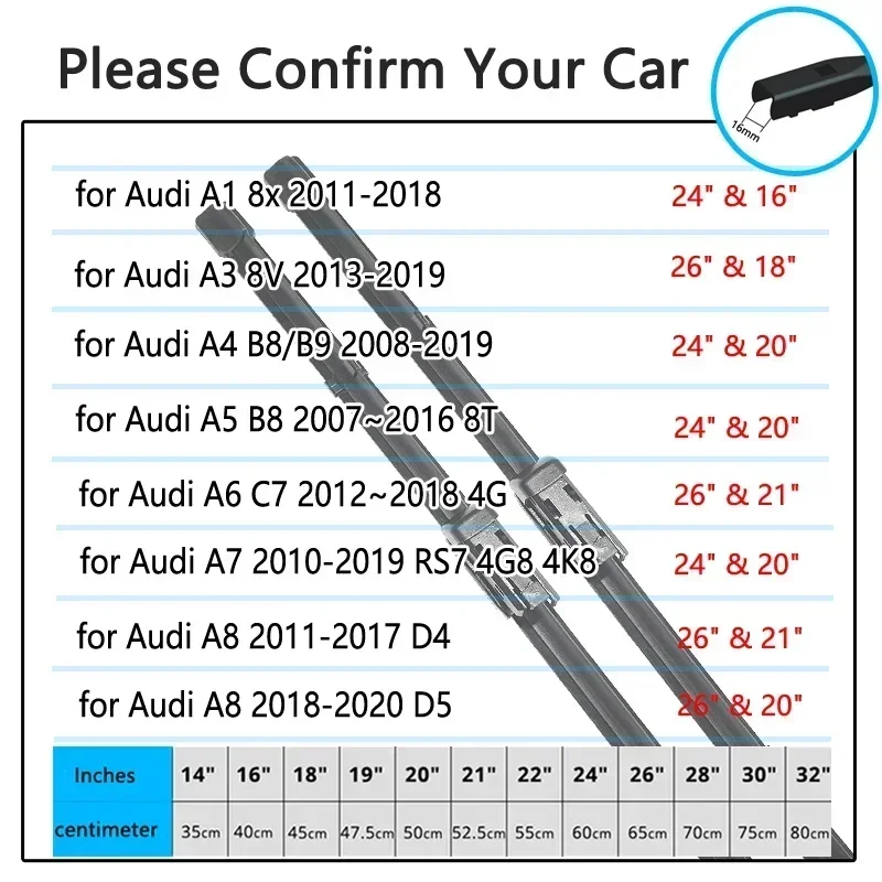 For Audi A1 A3 A4 A5 A6 A7 A8 Front Windshield Washer Brushes Accessories 8x 8V B8 B9 8T C7 4G RS7 4G8 4K8 D4 D5 Car Wiper Blade