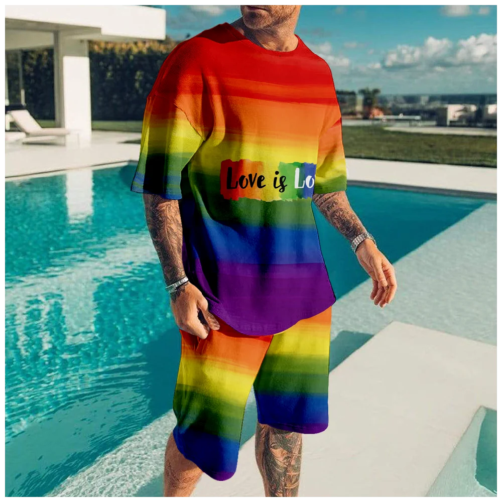 Rainbow  Summer 3D Digital Printing Men's Suit Two-piece Suit Love Is Love T-shirt Short Sleeve Outdoor Casual T-shirt Clothing