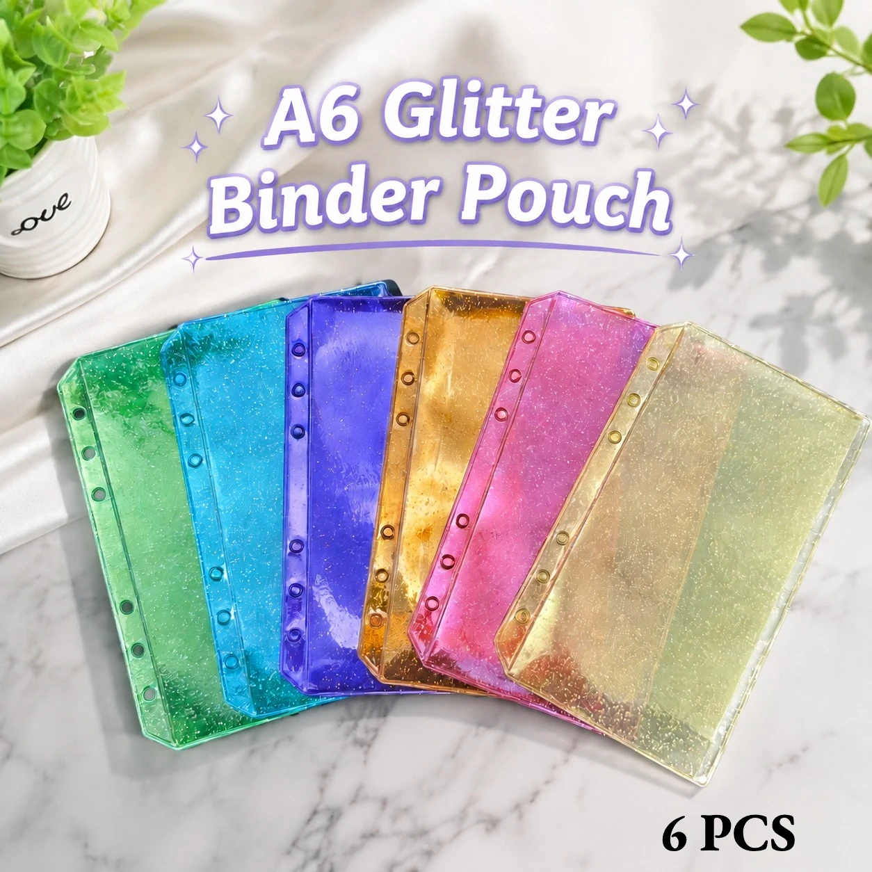 A6 6-Hole Glitter Zipper Pouch Clear Waterproof PVC Binder Pocket Loose Leaf Storage Bag Journal Planner Sticker Organizer