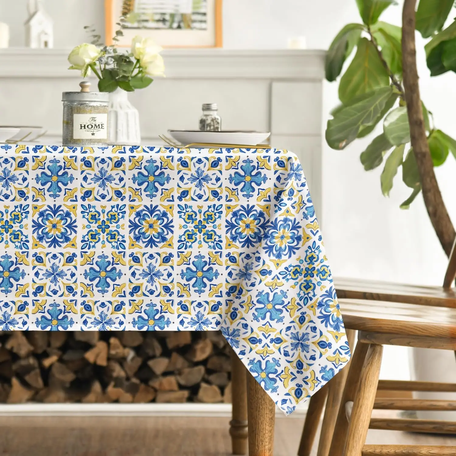 Blue Talavera Tiles Rectangle Waterproof Tablecloth for Table Decor Washable Kitchen Dining Tablecloth Wedding Party Decorations