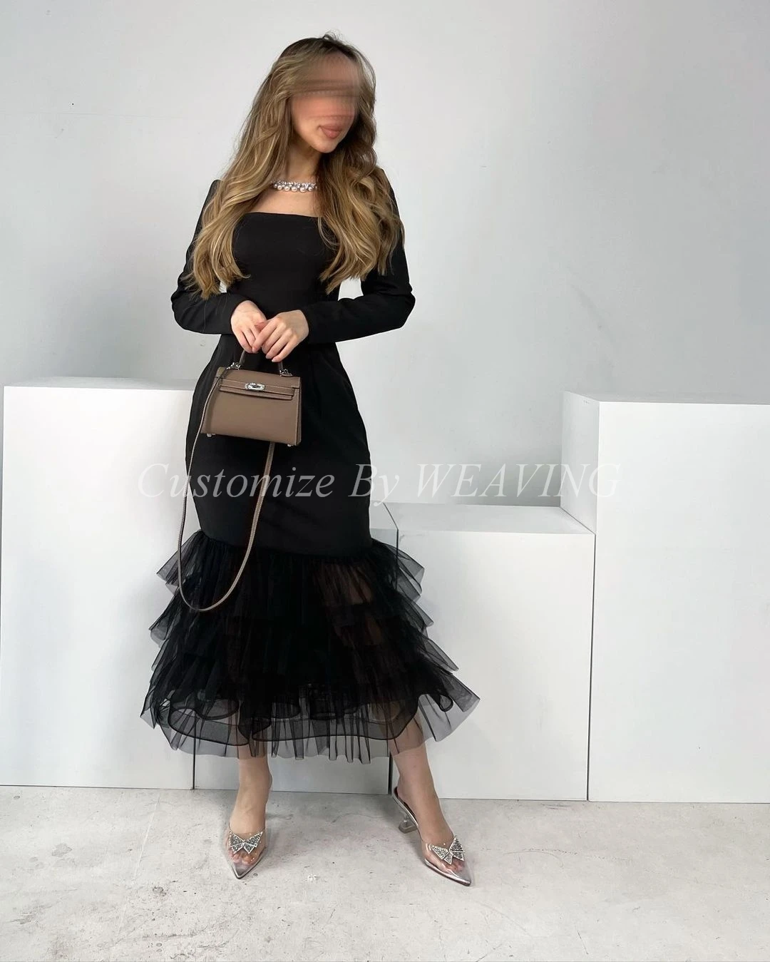 

Mermaid Black Long Sleeves Prom Dresses Square Neck Tiered Tulle Tea Length Saudi Arabia Women Evening Party Dress