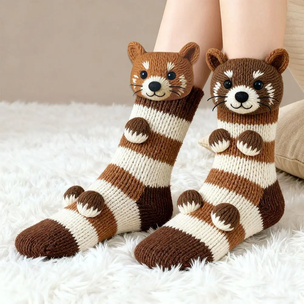 

3D Knit Animal Socks Double Layer Hand Crocheted Novelty Floor Socks Breathable Warm Middle Tube Socks Christmas Gifts