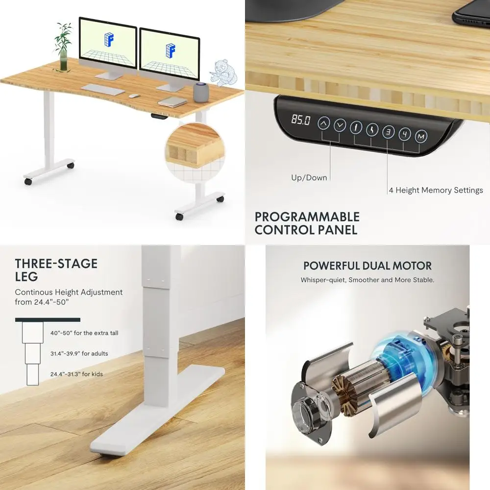 مكتب قائم بارتفاع كهربائي قابل للتعديل، محرك مزدوج من الخيزران، 3 مراحل، 55 × 28 بوصة، لوحة كاملة، مكتب مريح للمكتب #1