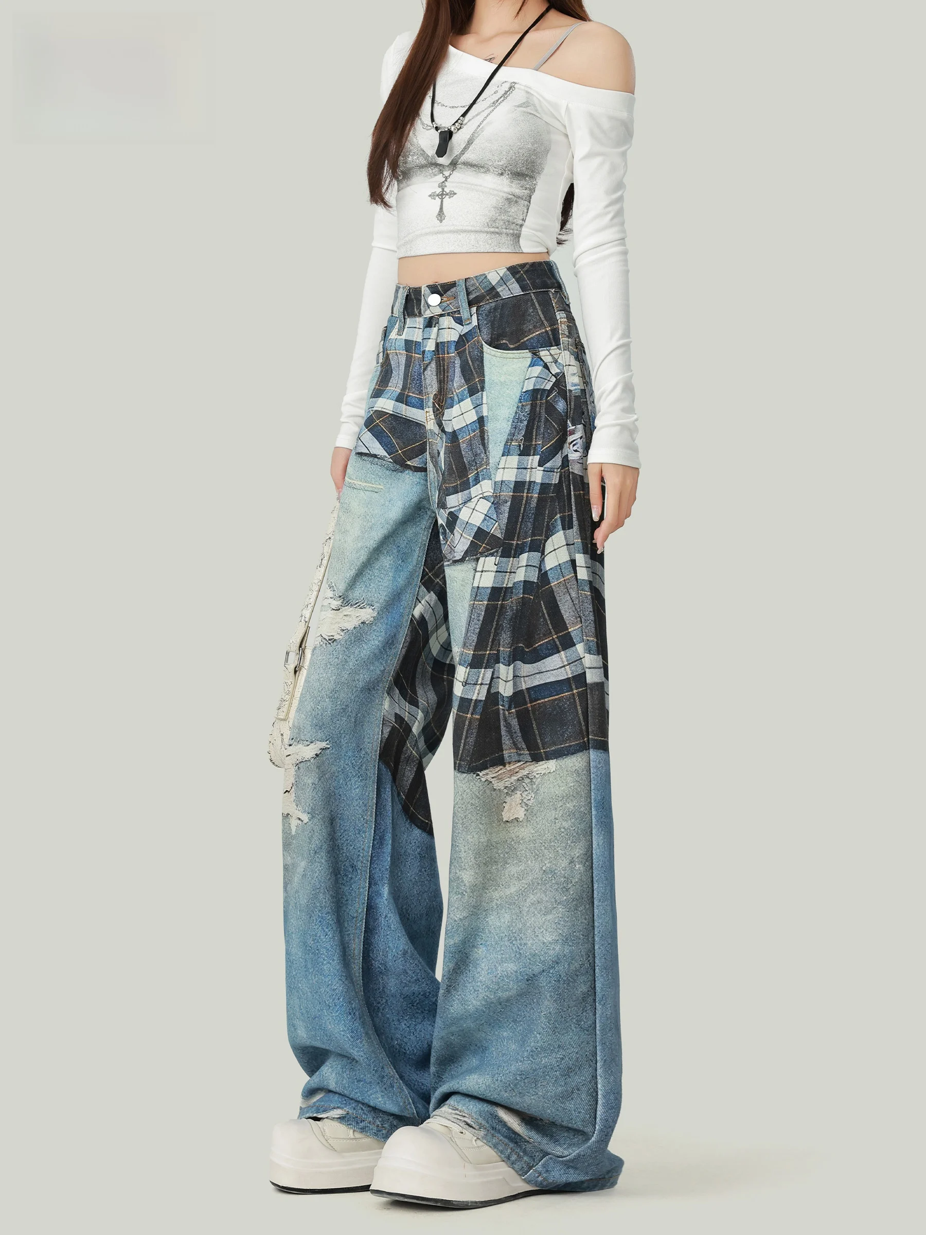 

Американские ретро-джинсы с клетчатым принтом, с высокой талией, широкими штанинами, женские, осенняя новинка, свободный крой, стройнящий дизайн, повседневные, из хлопкового денима