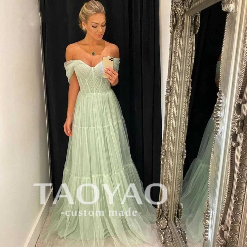 

Green Tulle A-Line Evening Dresses Sweetheart Neck Prom Dresses Off The Shoulder Lace Party Dresses Sexy Backless Robe De Soriee