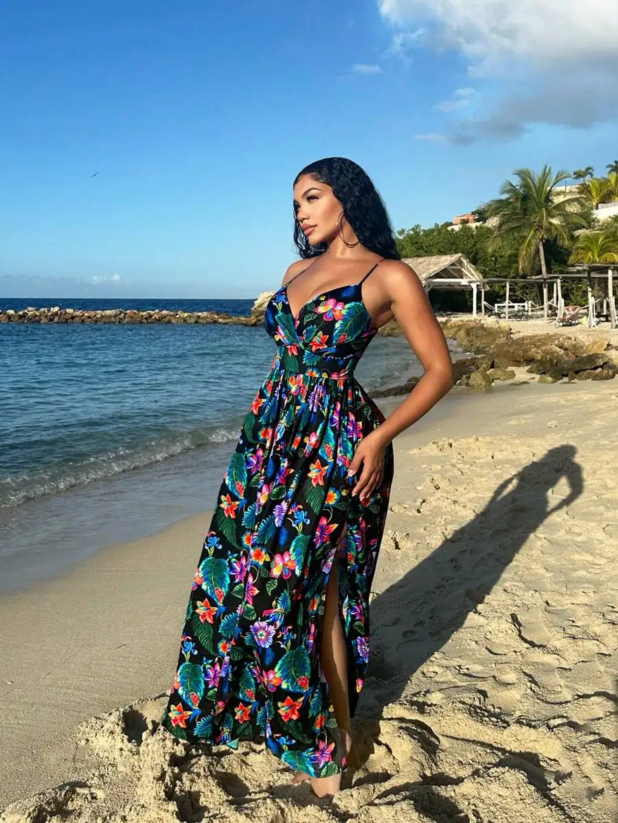 

Tropical Floral Print Deep V-Neck Sleeveless Maxi Dress Beach Holiday Elegant Loose Fit