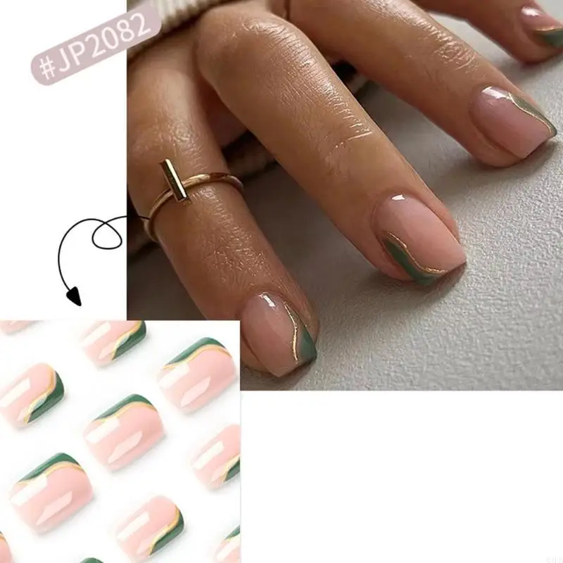 Q1FB 24 PCS Glossy False móng tay xoáy acrylic French Tip nhấn trên móng tay