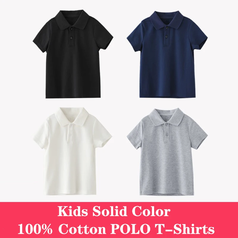 Kids 100% Cotton POLO T-shirt 2025 New Children Top Boys Girls Daily Solid Color Shirts White Black Grey Navy Blue Tees