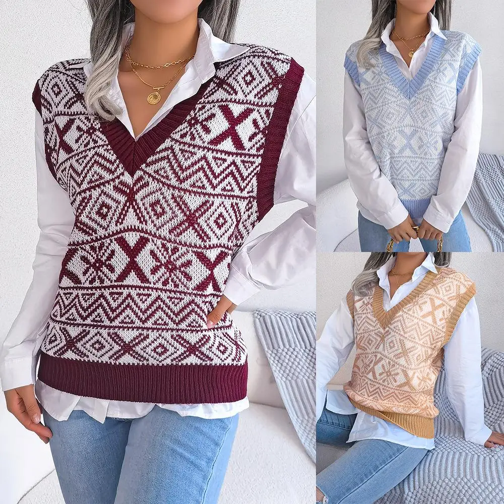 

Cisas Snowflake Pattern Knitted V-Ne Vest Sweater Autumn Winter Women's Cross-Border Independent Station Clothing