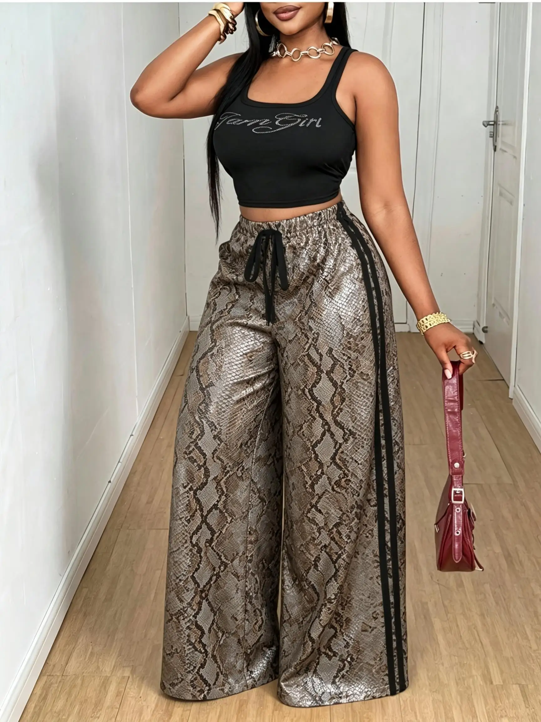 Women Animal Print Wide Leg Pants Leopard Snake Zebra Striped Side Stripe Drawstring Elastic Waist Casual Trousers