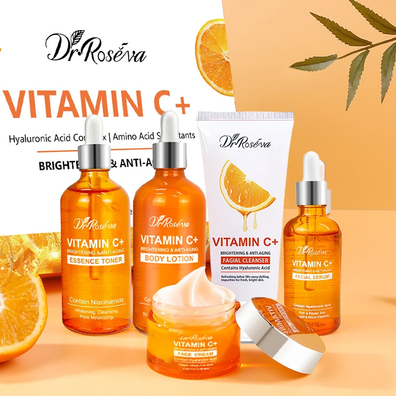 Set de Cuidado de la Piel con Vitamina C, Hidratante e Iluminador del Tono de Piel: Suero Facial y Crema y Limpiador, Tónico Esencial, Loción Corporal Hidratante
