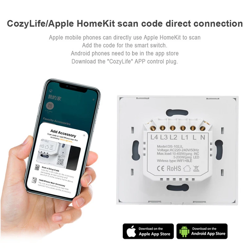 Apple Homekit-Interruptor de Luz Inteligente WiFi, Interruptor de Parede, Botão, Casa para iPhone, Controle Remoto, Funciona com Siri Voice