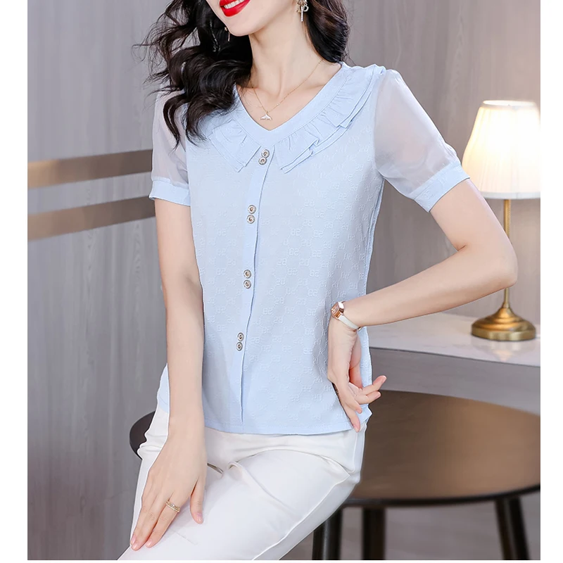 2024 Summer Women Korean Fashion Ruffle Elegant Blouse Office Lady Casual Short Sleeve Chic Shirts V Neck Solid Slim Tops Blusas