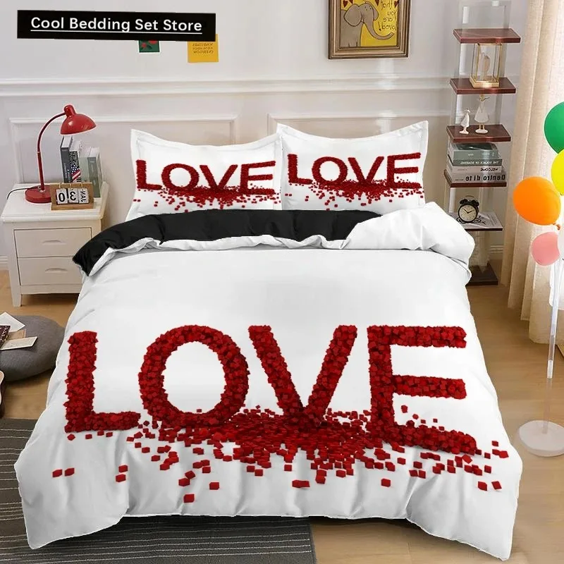 

Lover Couple Bed Duvet Cover Set Valentine's Day Gift Heart Shape Bedding Set King Queen Double 3pcs Polyester Comforter Cover