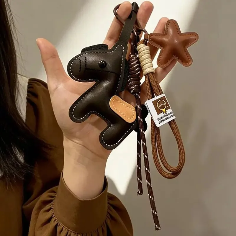 Y2K Vintage Leather Bag Charm Horse Year Mascot Keychain Versatile Keyring Pendant Hanging Decoration New Year Gifts