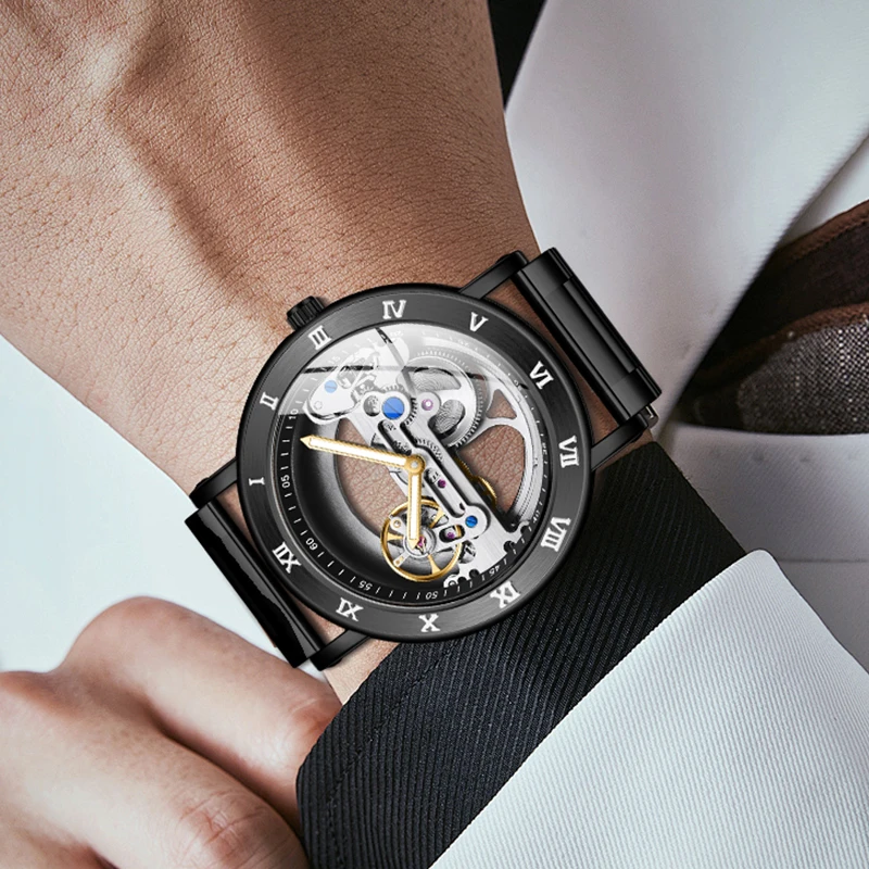 

Automatic Watches Man High Quality Men Watch Bridge Skeleton Automatic Mechanical Watches Stainless Steel Luminous Male Clock