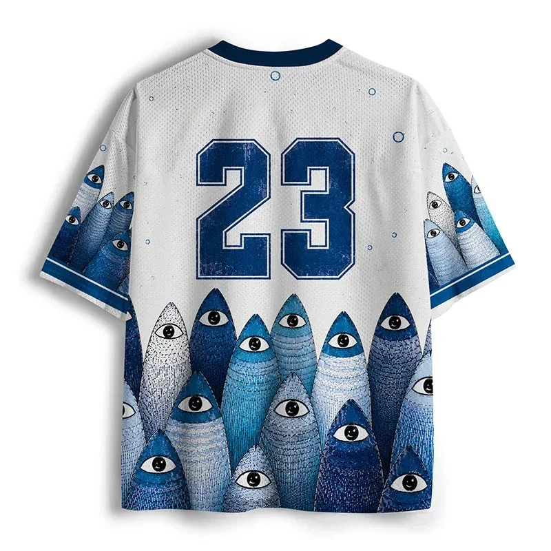 2026 Blue Sardine Fish School Graphic V Neck Mesh Short Sleeve Shirt Unisex Oversized Casual Streetwear Hip Hop Top