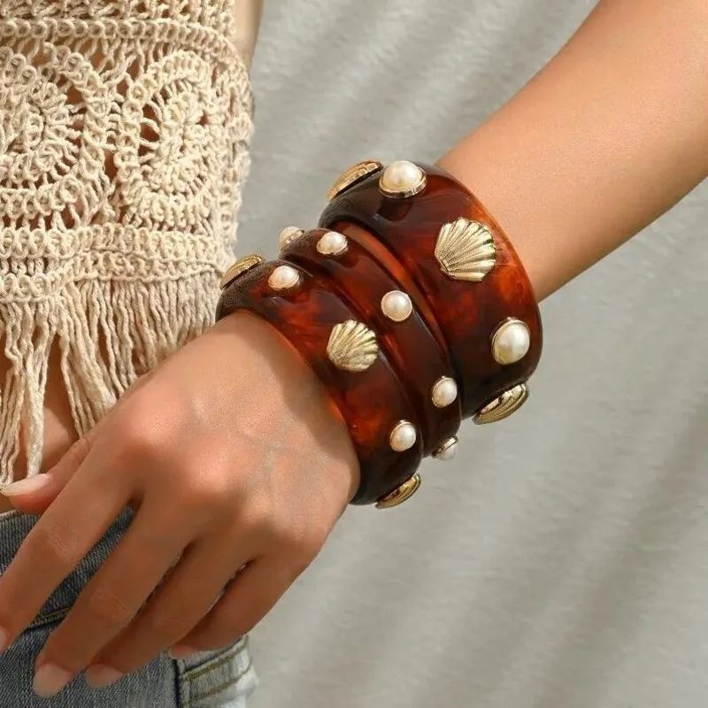Fashion Resin Pearl Shell Wide Smudging Bangles Vintage Geometric Round Bracelets Bangle For Women Pulseras  Waterproof Jewelry