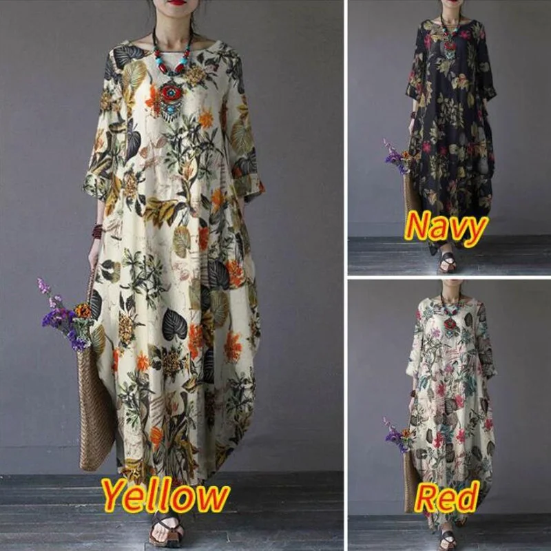 Robe maxi en coton et lin pour femmes, vintage, imprimé floral, style ethnique, asymétrique, demi-manches, streetwear