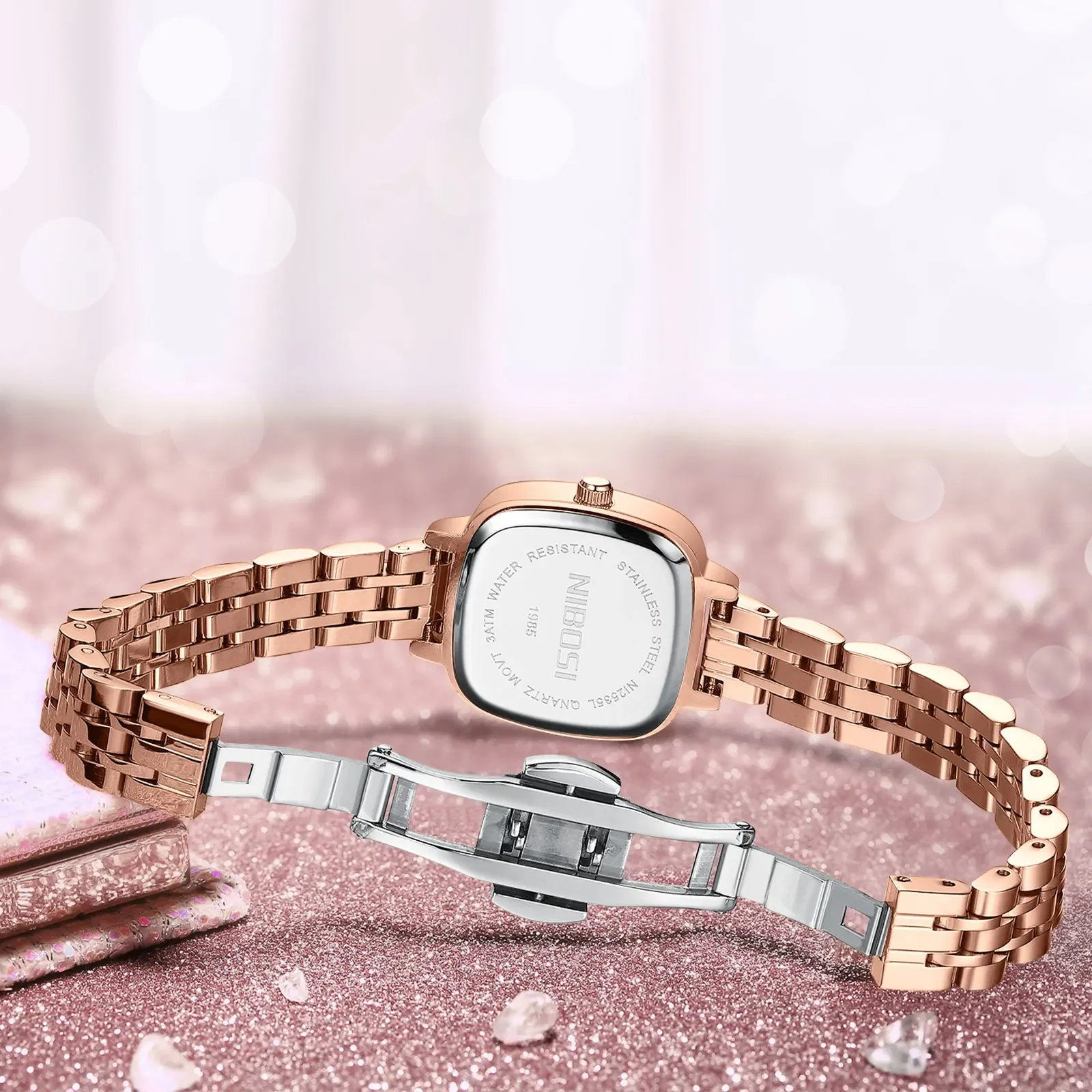 2 قطعة NIBOSI النساء ساعات المعصم مقاوم للماء العلامة التجارية الأعلى السيدات ساعة الماس ديكور مستطيل الكوارتز المرأة الساعات الإناث Reloj