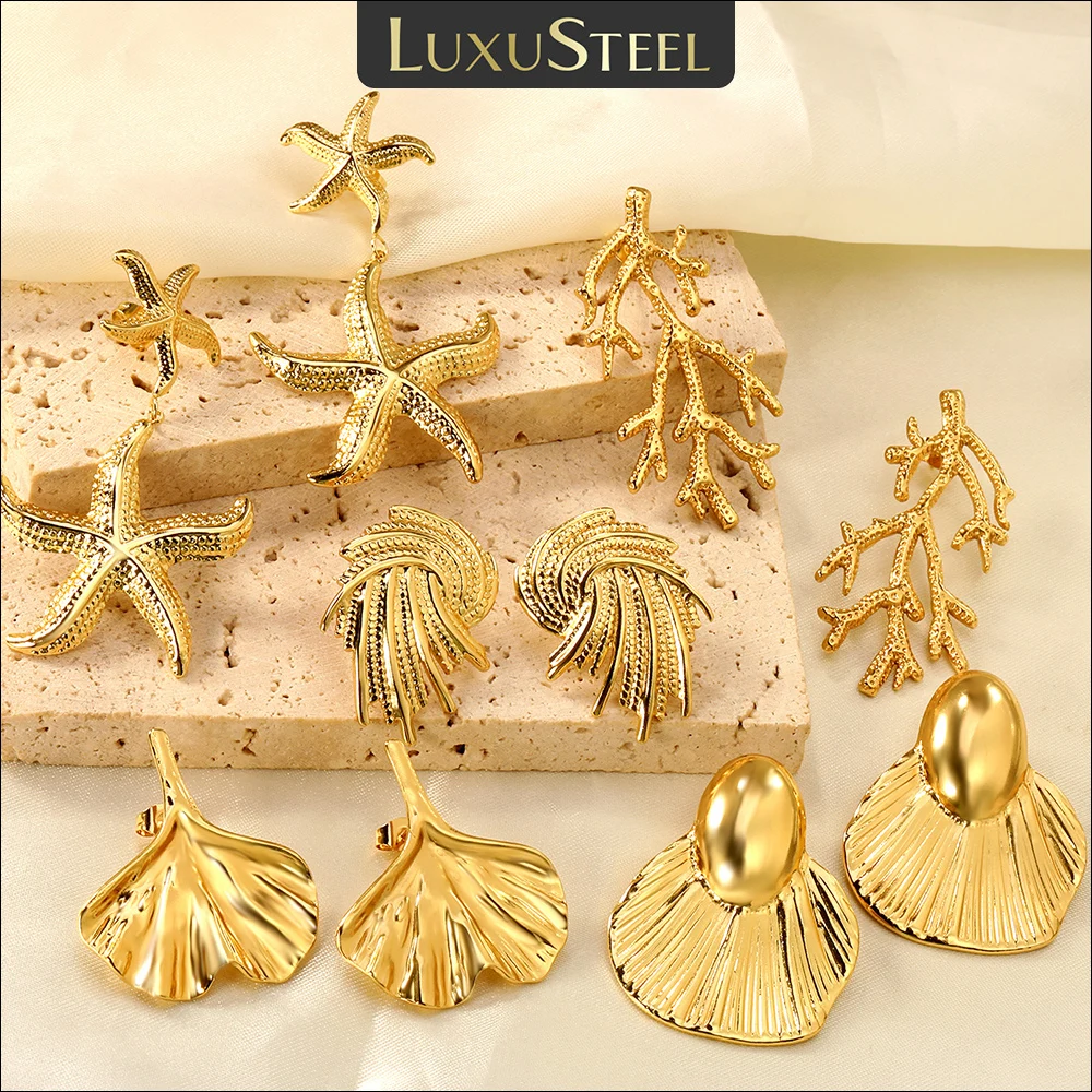 Pendientes LUXUSTEEL de acero inoxidable con forma de estrella de mar, árbol de la vida, pendientes para mujer con forma de concha, hoja de Ginkgo, regalo de joyería