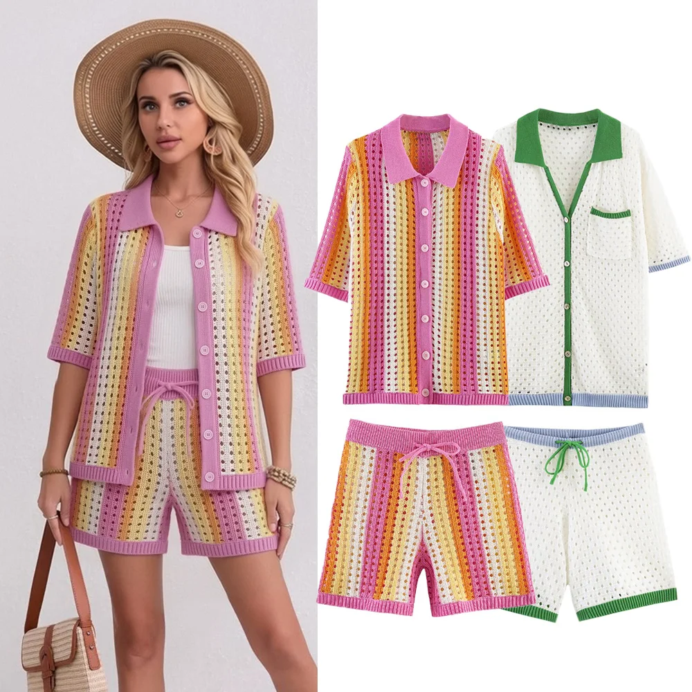 Conjuntos de Shorts Elegantes de Punto para Mujer o Nuevos Tops de Verano con Cuello Redondo y Manga Corta para Mujer o Shorts Casuales Holgados para Dama