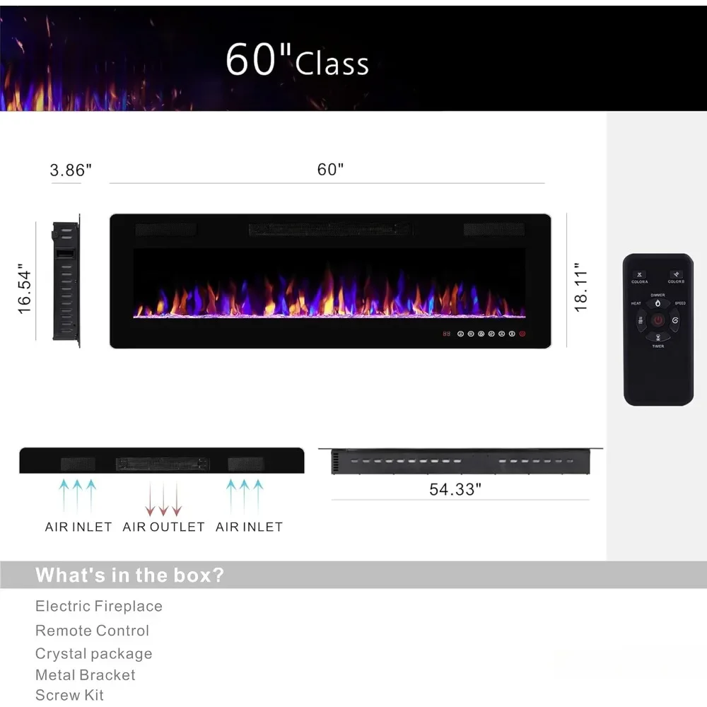 Утопленный электрический камин 60 дюймов, настенный нагреватель для камина, с таймером, пультом дистанционного управления, регулируемый цвет пламени