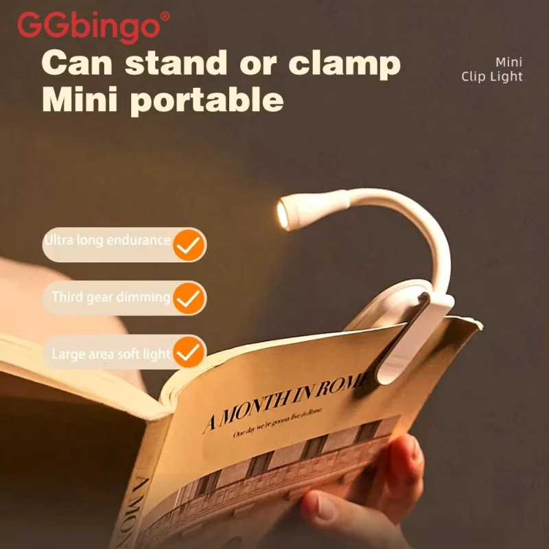 GGbingo Mini Clip-On Buchleuchte, 360 °   Rotierbarer USB-Akku mit 3 Augenschutzmodi zum Lesen, Lernen und für das Schlafzimmer