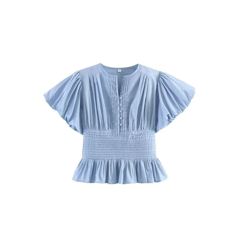 

Blue Short Puff Sleeve Ruffle Hem Blouse O-neck Single Breasted Waist-cinching Women Shirt 2026 Chic Summer New Lady Casual Tops