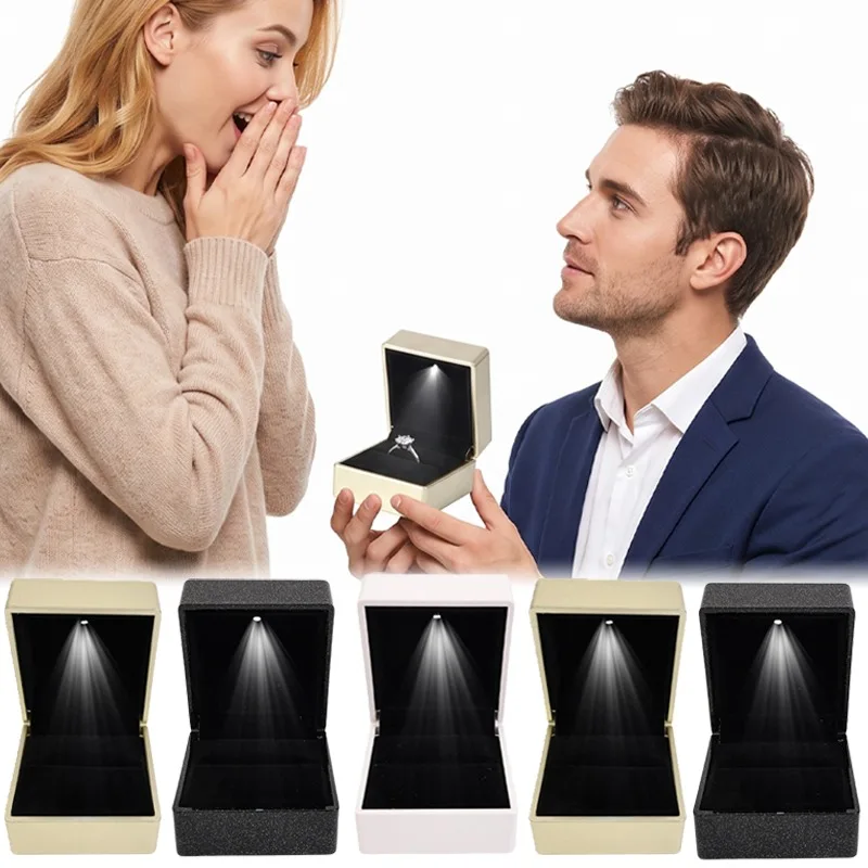Square LED Jewelry Rings Box Glowing Light Pendants Display Case Organizer for Proposal Wedding Engagement Romantic Gifts Box