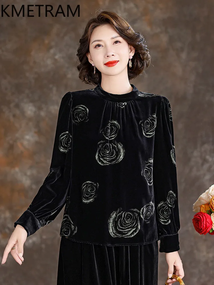 KMETRAM 100% Mulberry Silk Tops for Women 2026 Spring New Chinese-style Velvet Long-sleeved Shirt Female Clothing Blusa Feminina