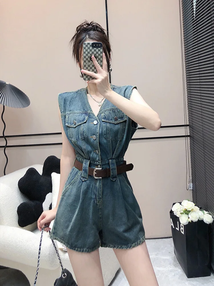 Rompers Womens Jumpsuit Retro V-neck Sleeveless Denim Washed Cotton High Waist Work Clothes One-Piece Shorts Belt Playsuit