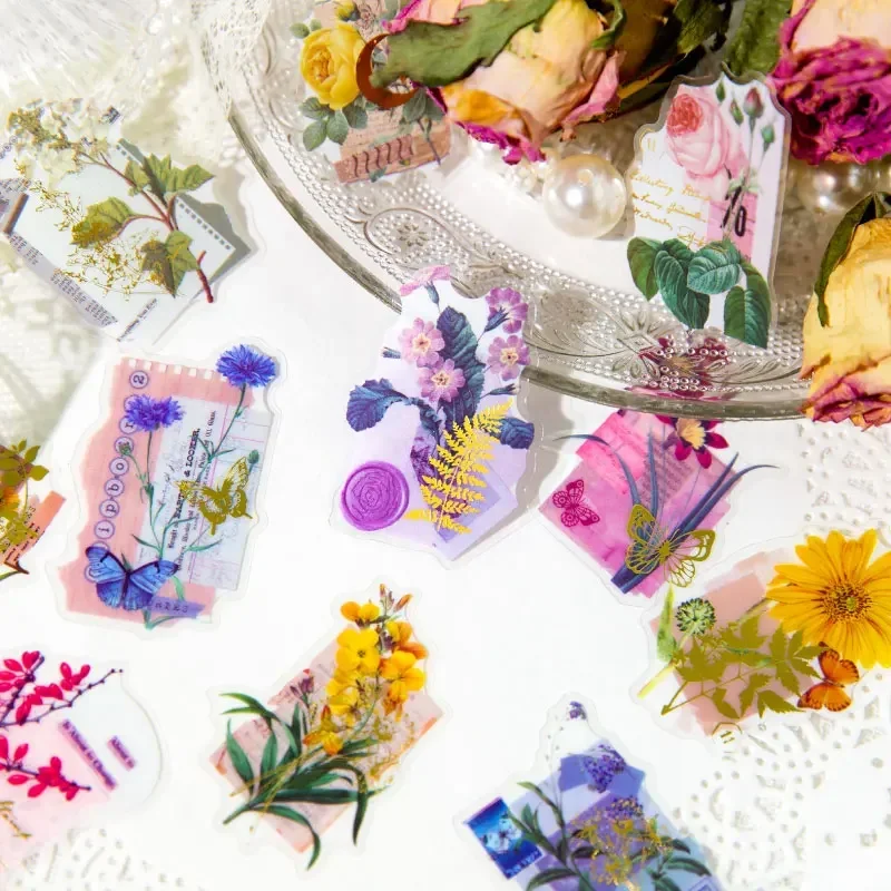 30-teilige vergoldete PET-Aufkleber mit Blumenmuster, Teeparty-Memoiren, botanische Teeservice-Collage für ästhetische Zeitschriften
