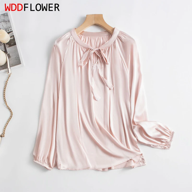 Blusa de seda de manga comprida feminina, pulôver monocromático, tipo solto, camisa com gola borboleta, trabalho de escritório, rosa, ZY014, 93% seda amoreira