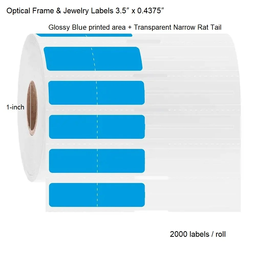 Optical Frame & Jewelry Labels 3.5″ x 0.4375″ Transparent Rat Tail labels for Thermal-Transfer Barcode Printers