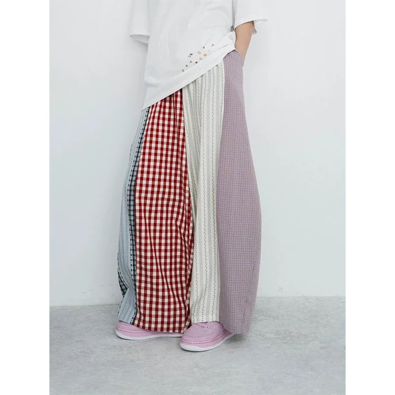 原宿ワイドレッグパンツ女性ファッションチェック柄パッチワークパンツ夏の新ヴィンテージカジュアルストレート女性のズボン