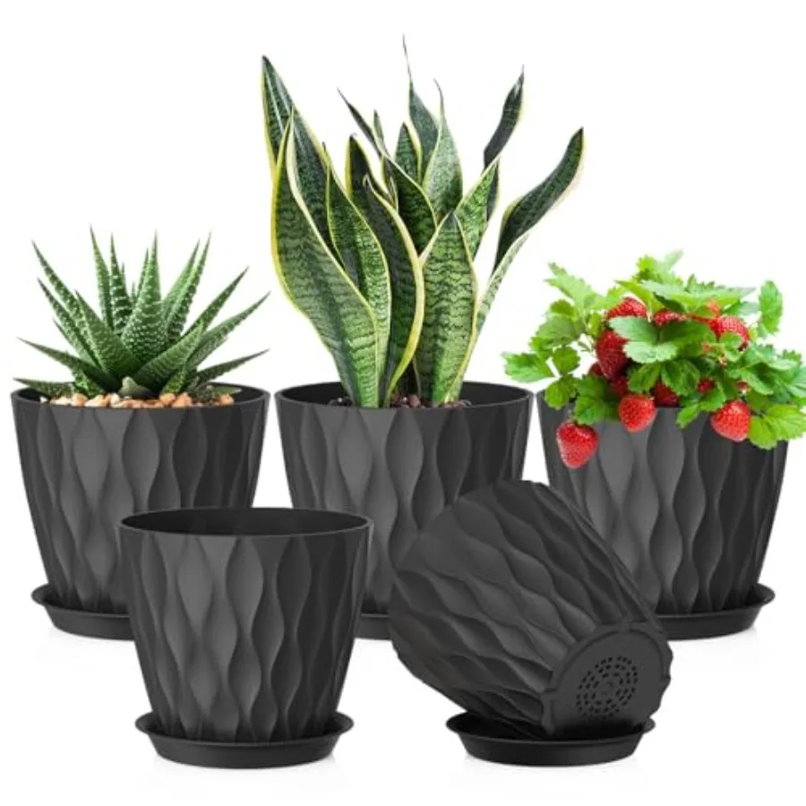 

7 inch Plant Pots for Indoor Outdoor Plants 5 Pack Thick Flower Pots with Drainage Holes and Saucers 3D Modern Wave Texture Pla