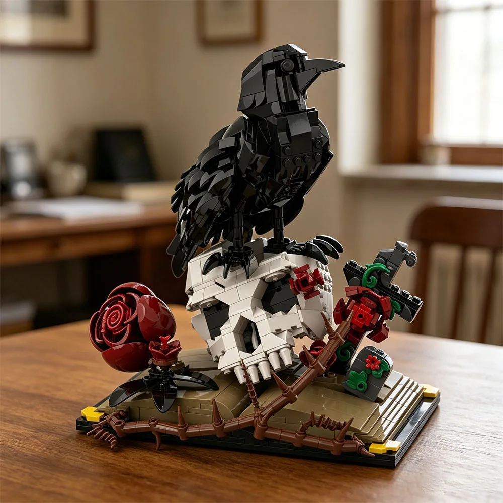 NEUES MOC Modellbausatz Totenkopf-Rosenstrauß Modell Gotischer Krähenschädel Blumen Dekoration Gotisches Kreuz Festival Party Geschenke