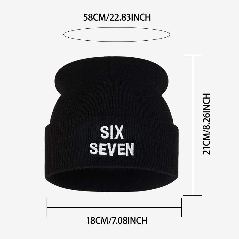 SIX SEVEN Letter Embroidered Knit Beanie, Soft Stretchy Adult Cuffed Hat, Hip‑hop Accessory for Daily Party Holiday Gift