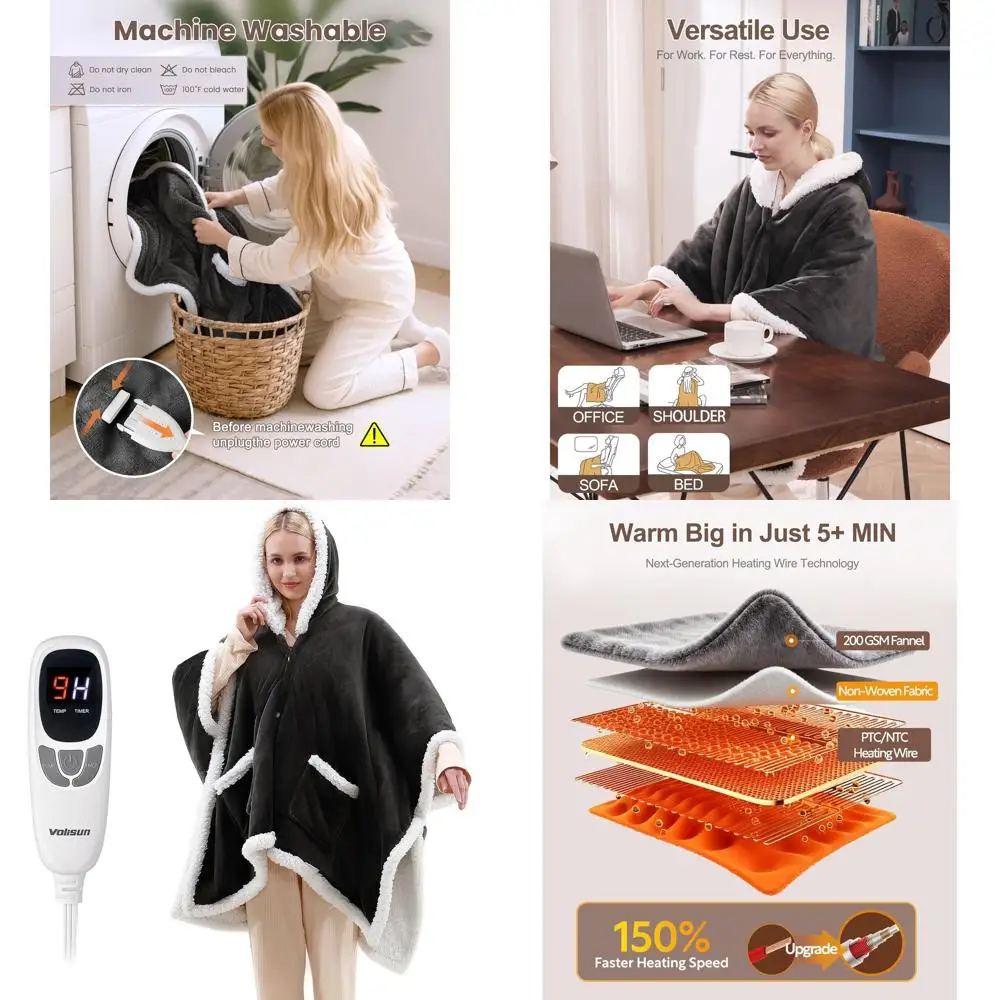 

Electric Heated Blanket with Shawl, Poncho Robe Hoodie, Adjustable 9 Heat Levels & 1-10 Hours Timer, Grey, Perfect Gift for Wome