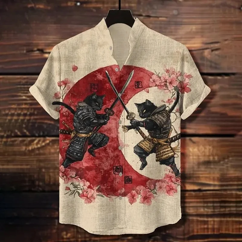 Men's fashionable black cat swordsman ninja series art pattern printed short-sleeved button shirt