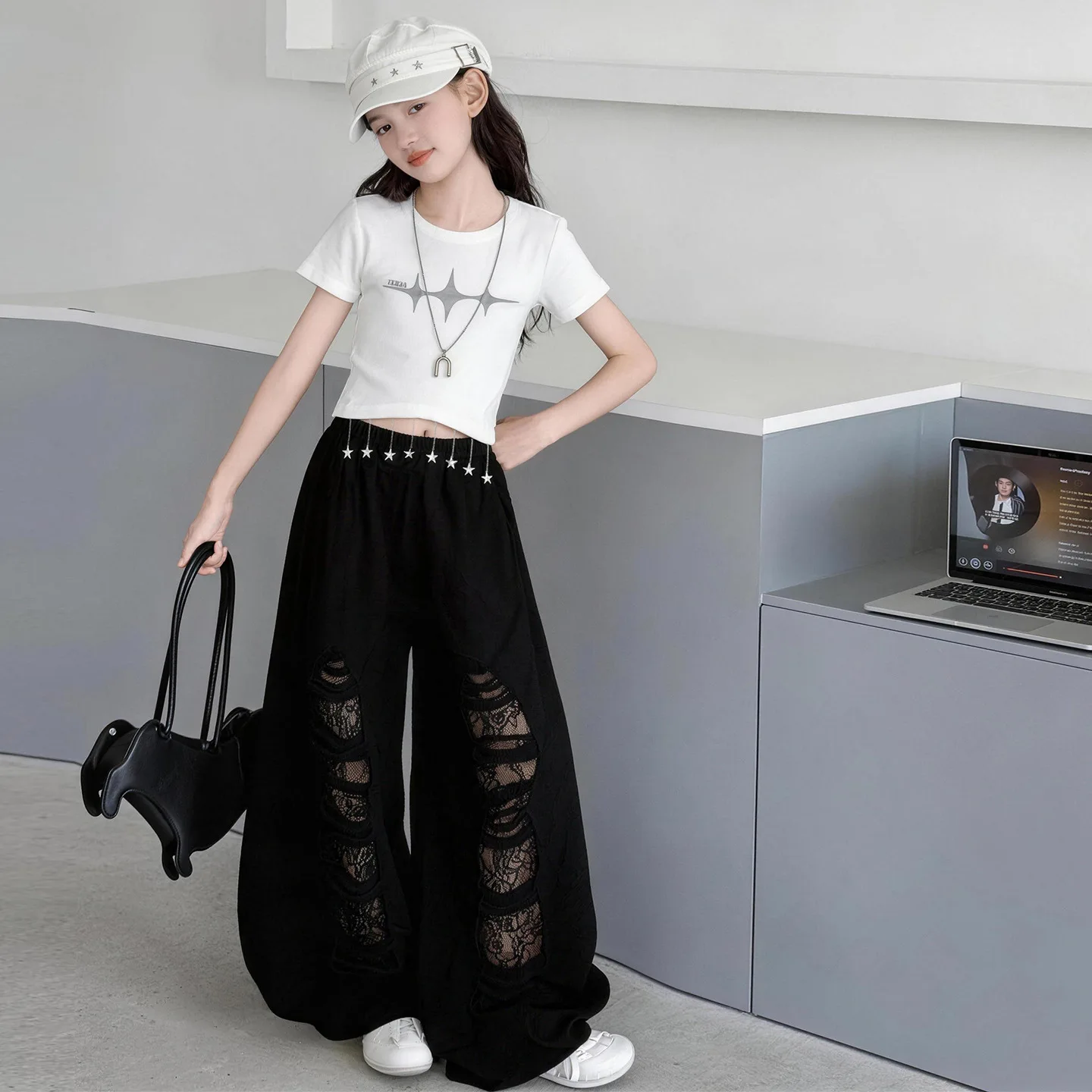 teen girls Hiphop Jazz Street Dance Rap clothes cotton short t-shirt big hole wide-leg pants junior kids Top Bottom outfits 4-14