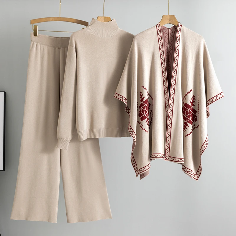 2025 Spring Lady Outfit Cozy Knit Shawl  Pants Sets 3 Pieces With Women Elegant Turtleneck Sweater Wide Leg Trousers