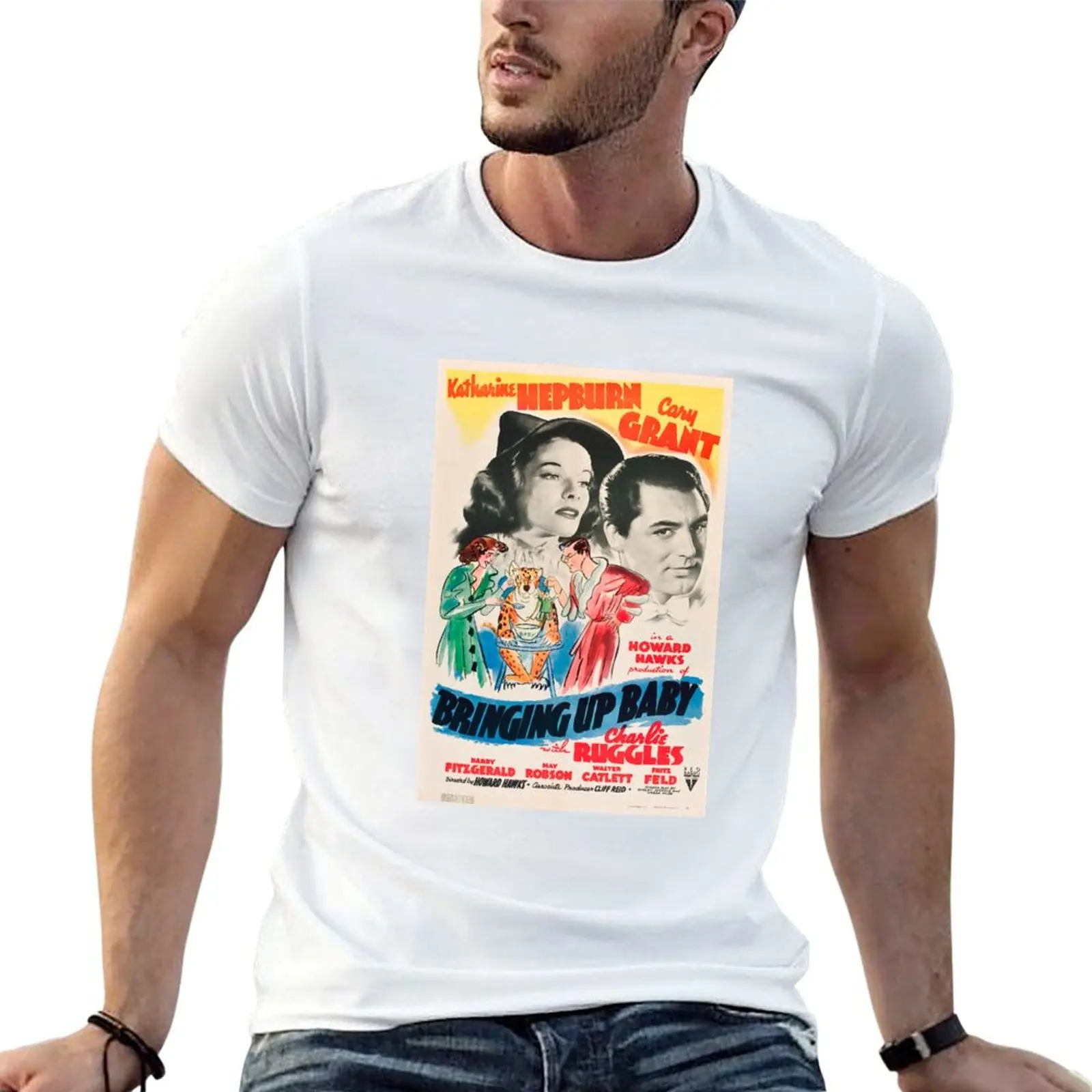 Bringing Up Baby directed by Howard Hawks, and starring Katharine Hepburn and Cary Grant T-Shirt t shirt man cotton T-Shirt