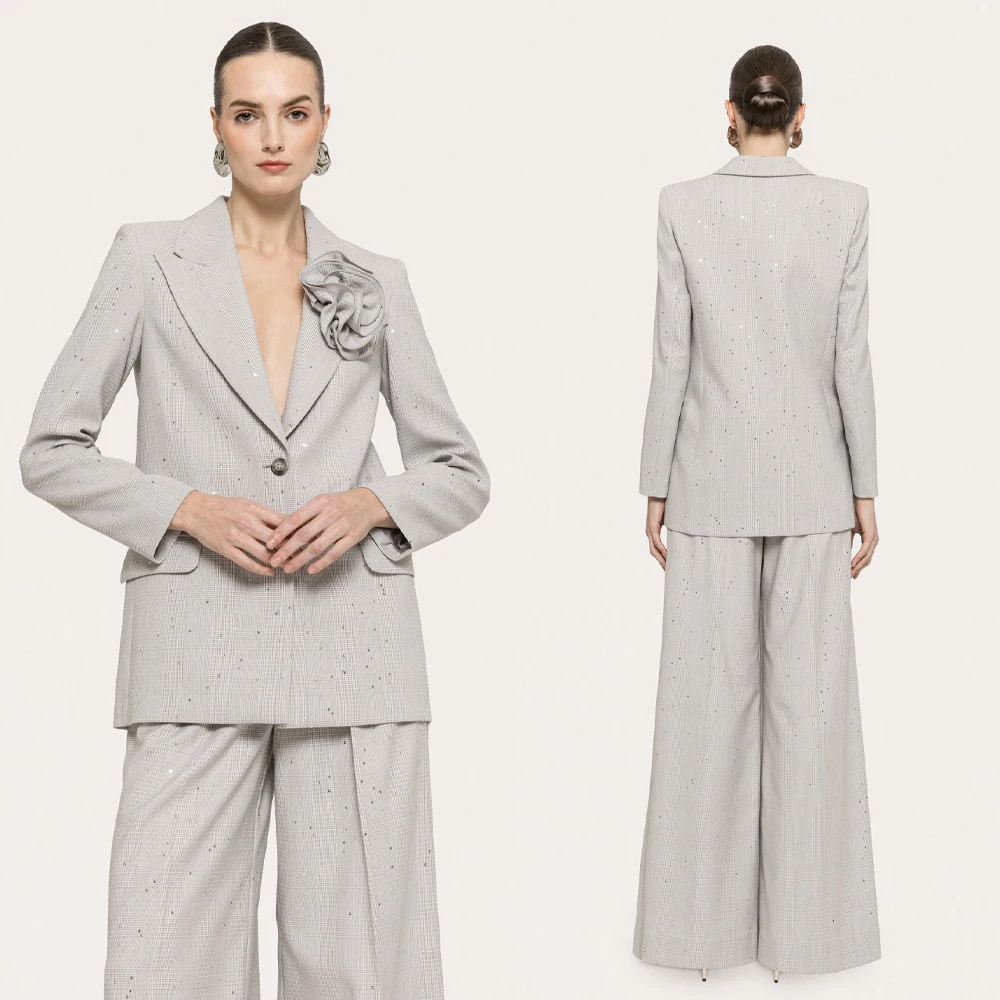 Women's Dresses Suit Gowns Peaked Lapel Sequins One Button Jacket Coat And Pants For Female Satin 2 Pieces Suit Customized W7201