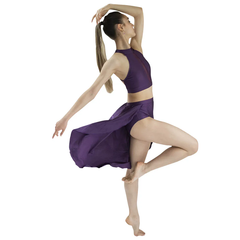 Retail Wholesale  Nylon/Lycra Mesh Modern Dance Skirts Vest shoulder dance dress with flowing skirt hem