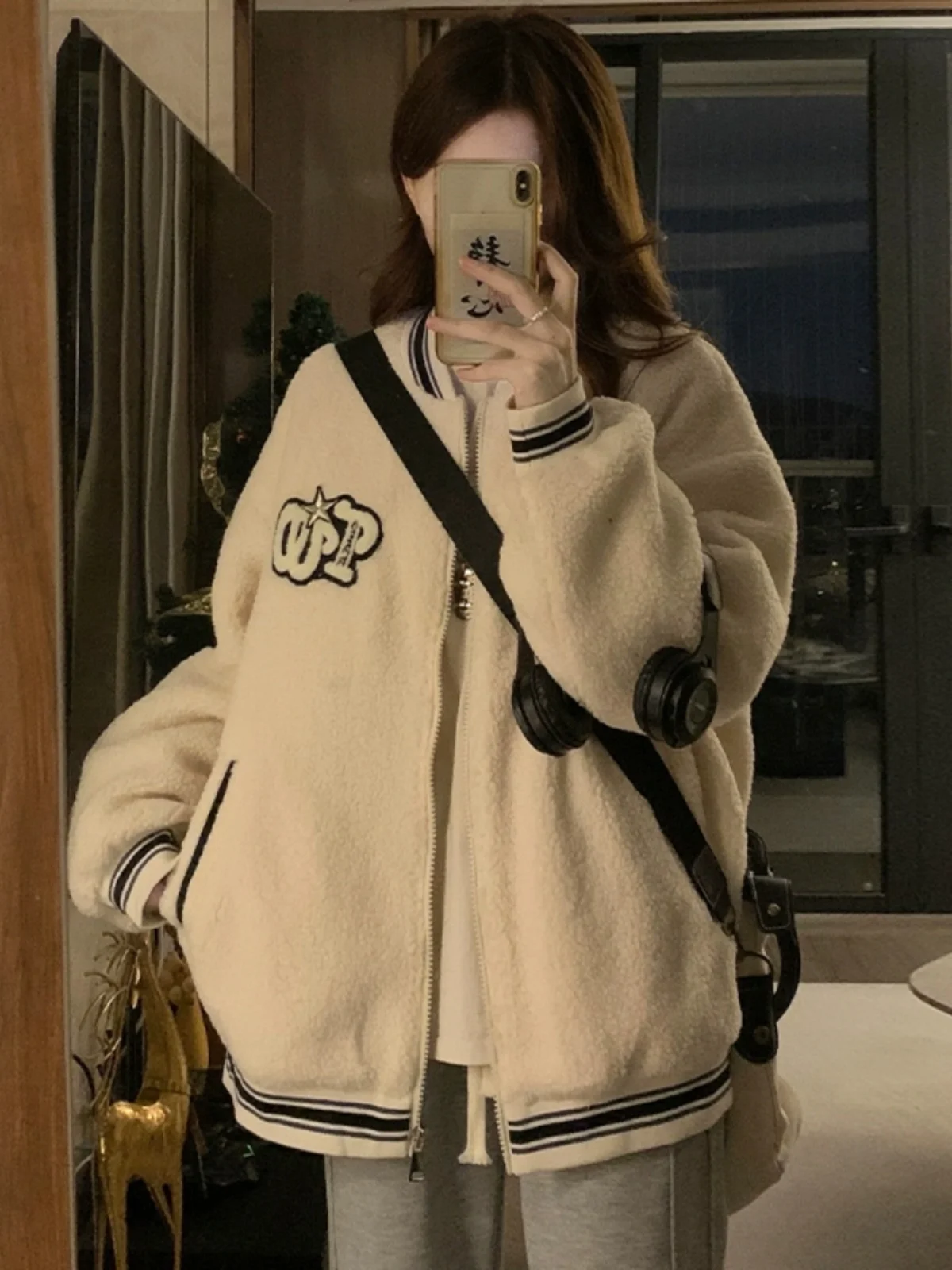 

Baseball Jackets Nylon Womens Autumn College Stretch Panelled Noctilucent Embroidered Lace-Up Petite Elegant Cowhide Crop Split