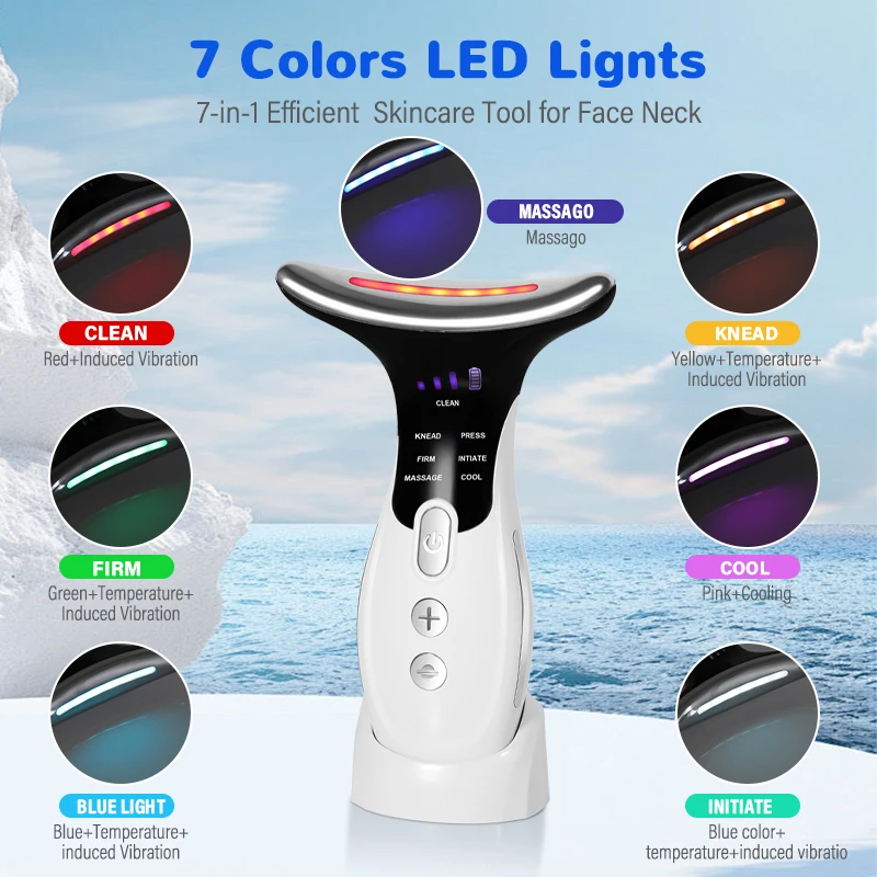 냉온 얼굴 및 목 미용 마사지기 7 in 1 LED 페이셜 스컬프터 미세전류 진동 가열 아이스 컴프레스 뷰티 디바이스